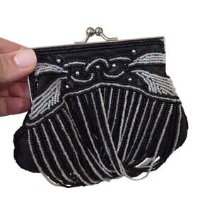 Bijoux Terner Black Silver Sequin Beaded Purse Evening Bag Flap Snap